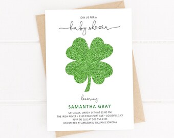 St Patrick's Day Baby Shower Invitation. Drive-By Baby Shower. A Little Shamrock is on the Way. St. Patty's Day Party. Green & Gold.