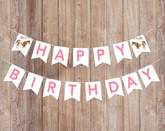 Birthday Banner. Horse Party. Digital Banner- Pink & White with Spotted Horse. Party Decoration. DIY.