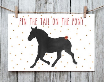 Pin the Tail on the Pony. Black. Pin the Tail Game. Horse Party Printable. Watercolor Horse Party. Pony Party. Black, Red and Copper. DIY