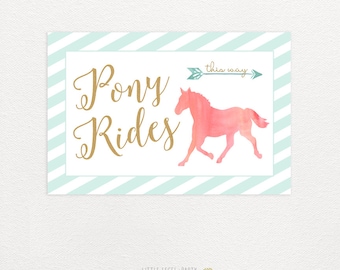 Pony Rides Sign - Horse Party Printables - Watercolor Horse Party - Pony Party - Aqua Gold Coral- DIY