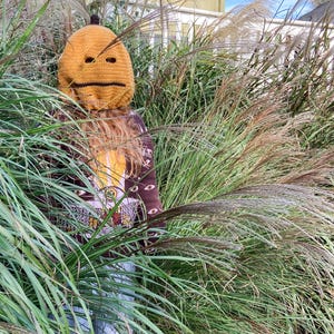 May include: A mustard yellow crocheted hat with a black stitched mouth and eye holes. The hat is worn by a person standing in tall green and brown grass. The person is wearing a brown and yellow patterned shirt and blue jeans.