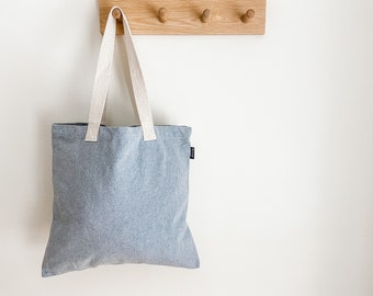 Recycled canvas tote bag - Light gray canvas tote with natural color straps - 14.5x15 shoulder bag - Square tote - Makers project bag