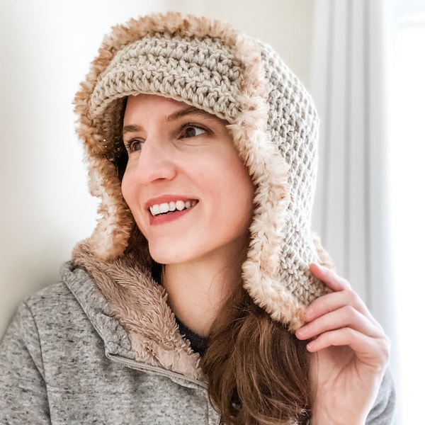 Earflap hat crochet pattern - Easy aviator hat crochet pattern - Bomber hat pattern - Winter hat crochet pattern - Faux fur hat - Eileen Hat