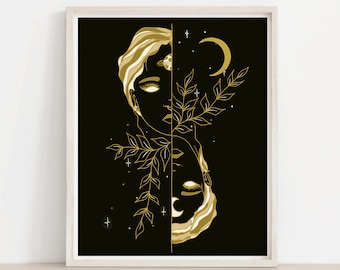 Dream Floral Celestial Woman Art Print, Black Version | Moon Wall Art