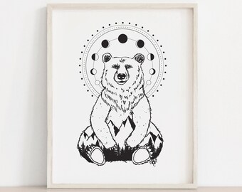 Bear Mystic Art Print • Geometrical • Magical • Forest • Mountains • Stars • Moon Phase