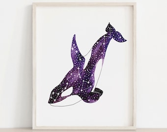 Orca Watercolor Galaxy Art Print | Killer Whale Coastal Wall Art