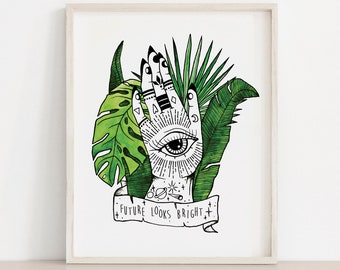 Palmistry Hand • Future Looks Bright • Tropical Leaves Art Print