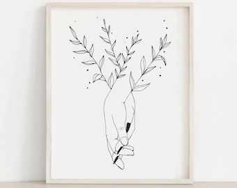 The Lovers B&W Holding Hands Botanical Minimalist Art Print
