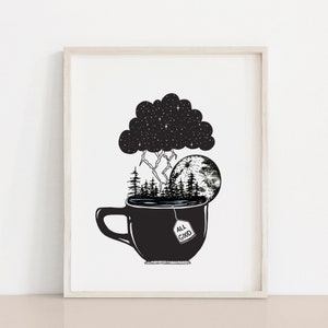May include: Black and white illustration of a teacup with a stormy sky, moon, and forest inside. The tea bag tag reads "All Good".