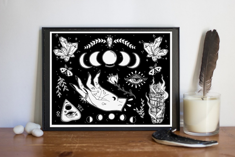 May include: Black and white print of a mystical hand with a ring, surrounded by moons, crystals, a burning sage bundle, an eye, and a Ouija board with the words "YES" and "NO".