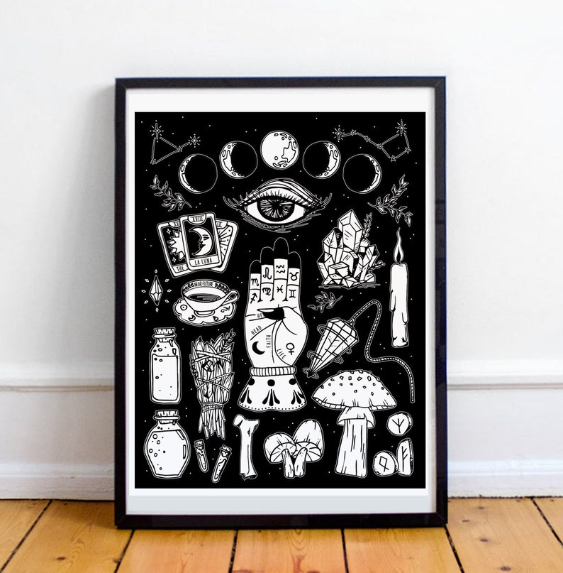 May include: Black and white illustration of various mystical and occult symbols, including moons, an eye, crystals, tarot cards, a hand with astrological signs, a candle, a mushroom, and a bottle. The background is black with white stars.