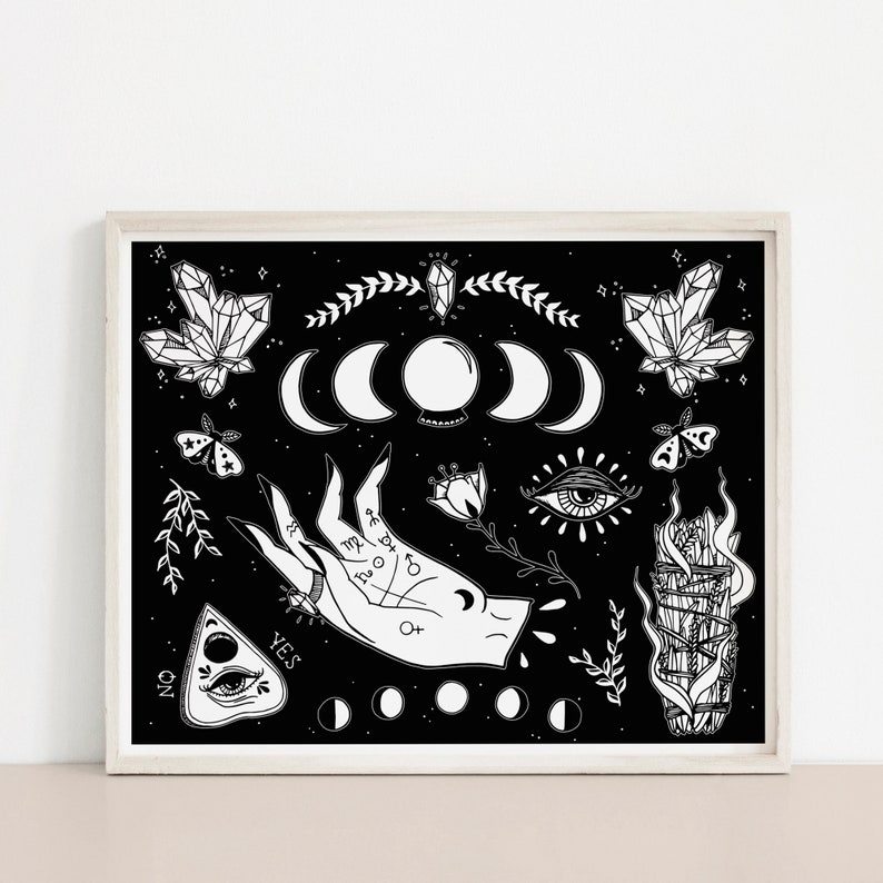 May include: Black and white illustration of a hand with a crystal ball, moon phases, a burning sage stick, and other mystical symbols on a black background.