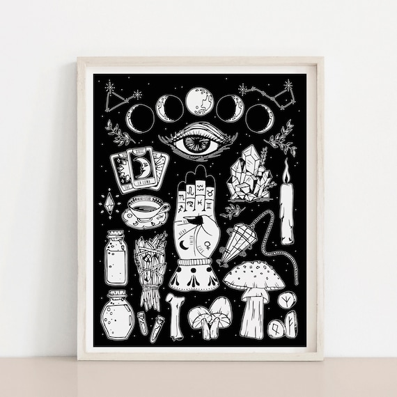 Witchcraft Elements Art Print | Occult Wall Art, Wiccan Home Decor Vertical