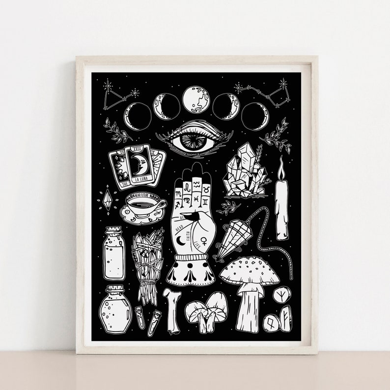 May include: Black and white illustration of various mystical and occult symbols, including a hand with astrological signs, a crescent moon, an eye, crystals, a candle, a cup of tea, a bottle, a mushroom, and a bone. The background is black.