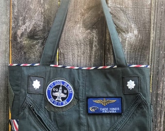 Flight Suit Bag, Military tote, recycled flight suit bag, usmc bag, military diaper bag, recycled laptop bag, laptop bag