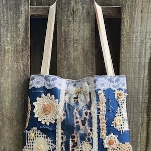 lace and doily bag, lace and doily tote, embellished bag, repurposed denim bag, repurposed denim tote, lace denim bag, doily denim tote