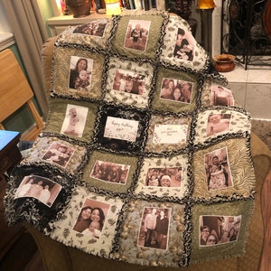 Photo Lap Quilt, Picture Lap Quilt, Lap Quilt with Pictures, Lap Quilt with Photos, Family Picture lap quilt, Green Beige Lap Quilt