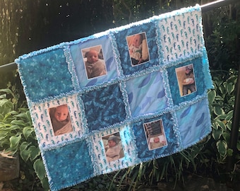 Blauwe lap quilt, foto aandenken, cadeau babyjongen