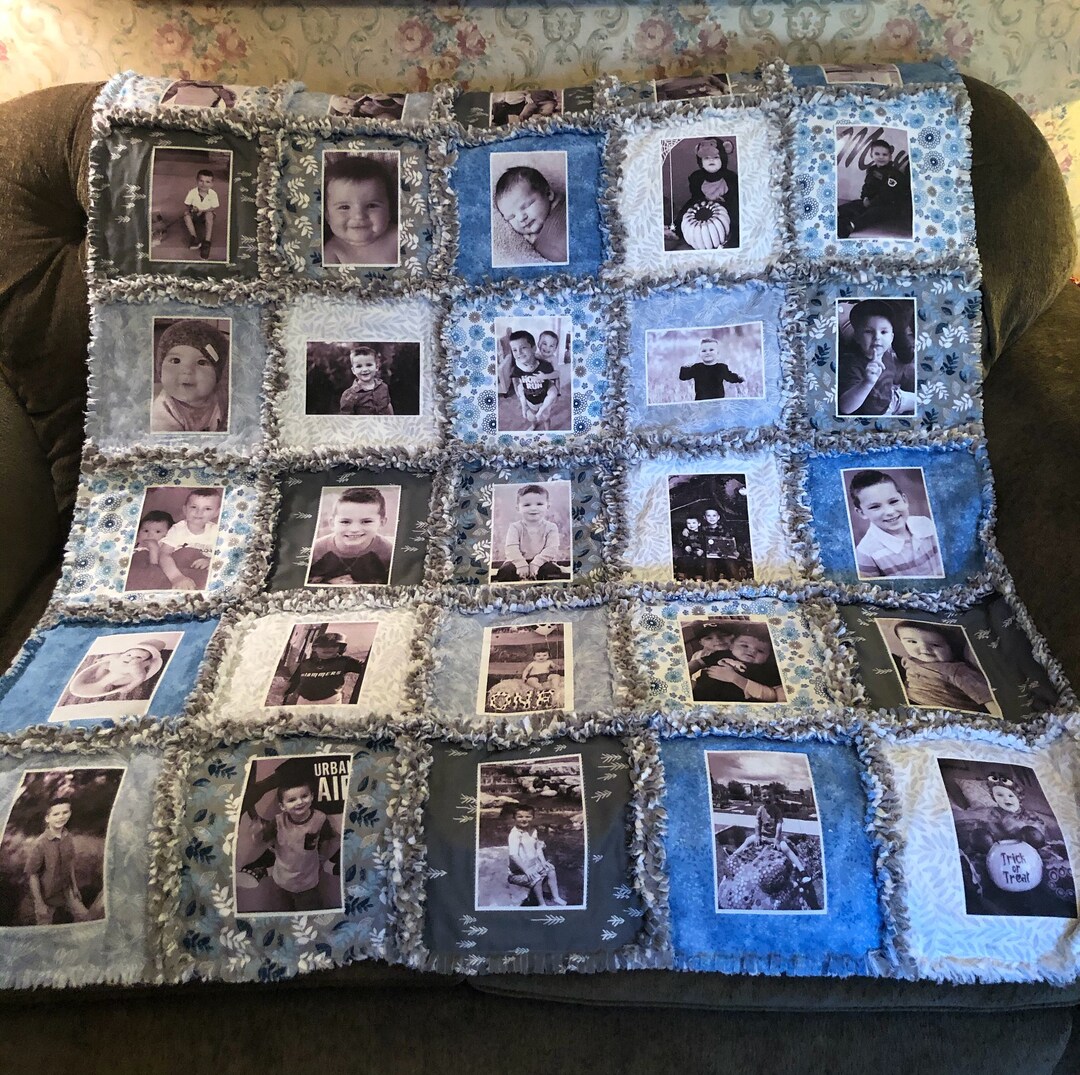 Blue Photo Lap Quilt, Blue Gray Memory Lap Quilt, Family Photo Lap