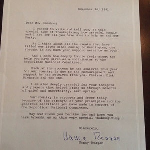 First Lady Nancy Reagan signed Letter