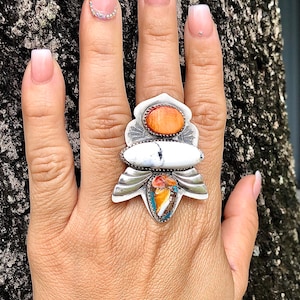 Colorful Spiny Oyster, Kingman Spiny and White Buffalo Crawler Ring Moroccan Inspired Size 8.25