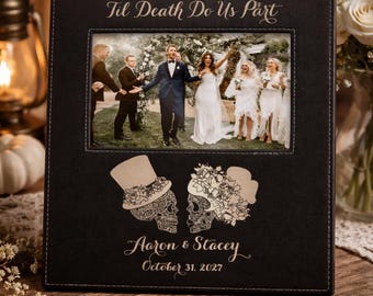 Til Death Do Us Part Wedding Frame Personalized Sugar Skull Photo Frame Gothic Halloween Wedding Gift Custom Bride Groom Leather