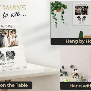 Op de afbeelding: Een witte fotolijst met de tekst "Til Death Do Us Part" en een trouwfoto. De lijst wordt op een tafel getoond, met opties om hem op te hangen met haken of touw. De tekst "THREE WAYS to use..." staat bovenaan.