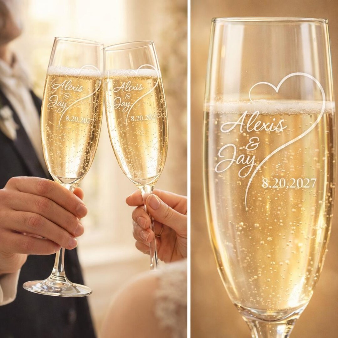 Personalized Champagne Flutes With Heart Design | Wedding Toasting ...