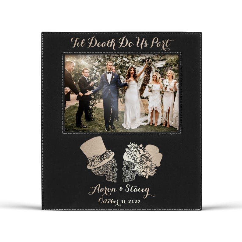 Til Death Do Us Part Wedding Frame Personalized Sugar Skull Photo Frame Gothic Halloween Wedding Gift Custom Bride Groom Leather Black/Gold