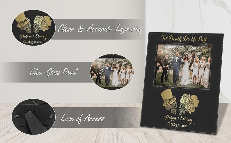 Til Death Do Us Part Wedding Frame Personalized Sugar Skull Photo Frame Gothic Halloween Wedding Gift Custom Bride Groom Leather afbeelding 3