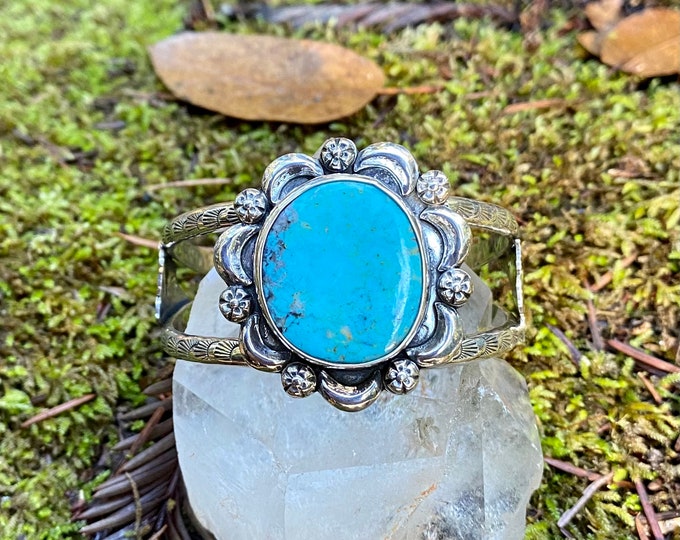 Moon Flower Turquoise Cuff, Sterling Silver, Size small to medium, Southwestern Jewelry, Boho Style, Gypsy, December Birthstone, Floral