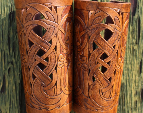 Leather bracers, Viking- "Skoll and Hati" HALF LENGTH celtic wolf cut-out design. Now available in 2-tone Brown!