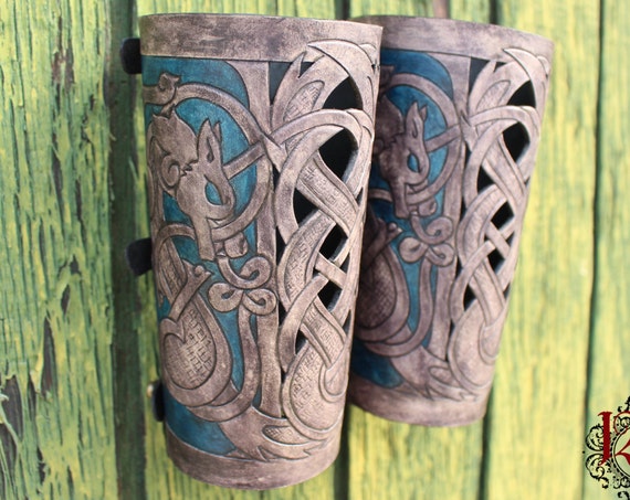 Leather bracers, Viking- "Skoll and Hati" HALF LENGTH celtic wolf cut-out design. Now available in Gray and Blue!