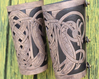 Leather bracers, Viking- "Floki" HALF LENGTH celtic dragon cut-out design