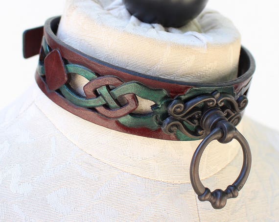 Fetish leather collar, Celtic- "Woodland Servant" knot-work cut-out design. Mahogany dye & bronze ring. Many accent colors available!