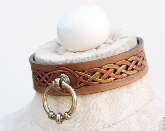 Fetish leather collar, Celtic- "The Ties That Bind" intertwined infinity knot-work cut-out design. Several pearlescent colors available!