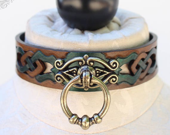 Fetish leather collar, Celtic- "Woodland Servant" knot-work cut-out design. NEW Tan dye & antique gold ring. Many accent colors available!