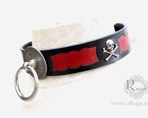 Fetish leather collar- "Captain's Orders" Pirate design. READY TO SHIP! 1 Large (16-18in) and 1 X-Large (18-20in) available.