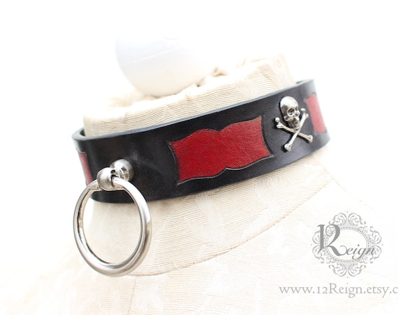 Fetish leather collar- Pirate design. READY TO SHIP! 1 Medium (4-16in) and 1 Large (16-18in) available.