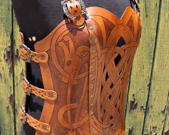 Leather armor corset, Viking design- celtic dragon cut-out design in heavy duty leather. NEW two-tone brown dyes! Several sizes available!