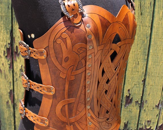 Leather armor corset and bracers! Viking design- celtic dragon cut-out design. NEW two-tone brown dyes. Buy together & get a DISCOUNT!
