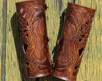 Leather bracers, Celtic owl FULL LENGTH with cut-out detail. NEW design in two-tone dark brown