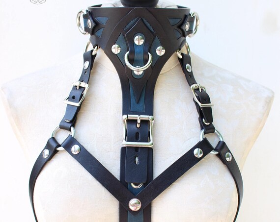 Fetish adjustable leather collar harness with locking buckles. Two looks in one harness! Now available in color!