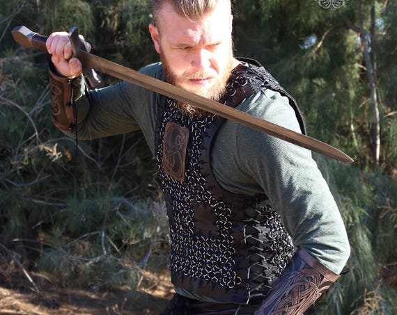 Leather chainmail Viking armor- "Ragnar" hand-woven leather strap with heavy gauge stainless steel rings. Order in your size!