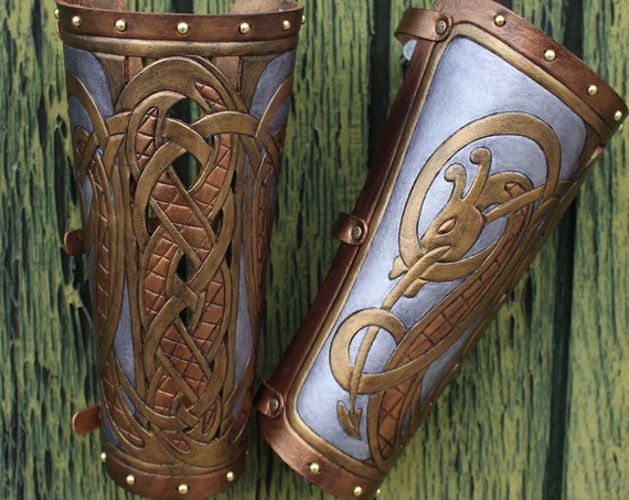 Leather bracers, dragon serpent- FULL LENGTH cut-out design. Now available in metal-like gold and silver tones!