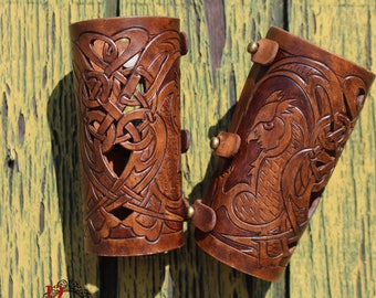 Leather bracers, Celtic owl HALF LENGTH with cut-out detail. NEW design in 2-tone Dark Brown!