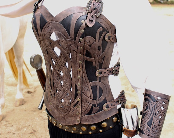 Leather armor corset, bracers AND pouch! Viking design- celtic dragon cut-out design in heavy duty leather. Buy together & get a DISCOUNT!