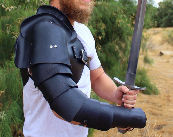 Leather Spartacus Armor- battle ready Gladiator single arm pauldron with integrated arm plates and hand guard. RIGHT ARM ONLY.