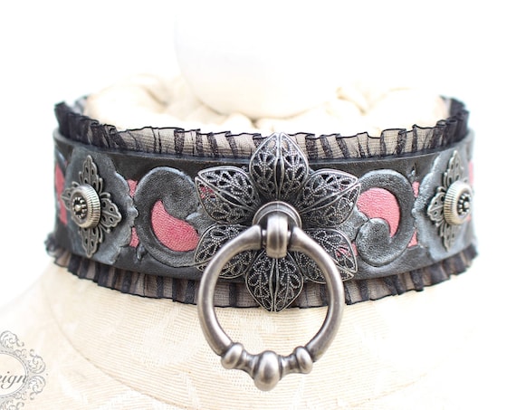 Fetish leather collar- "Garden of Otherworldly Delights." READY TO SHIP! 1 Small (12-14 in) in stock