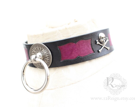 Fetish leather collar- "First Mate" Pirate design. READY TO SHIP! 1 Small (12-14in) and 1 Medium (14-16in) available.